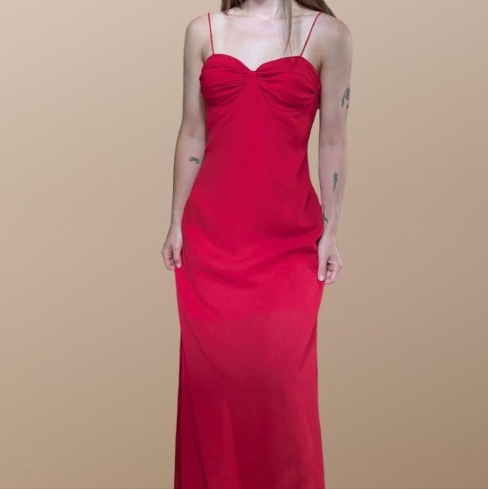 Vintage 90s Red Chiffon Bustier Maxi Dress Sweetheart Neck Sz M Devil Vampire